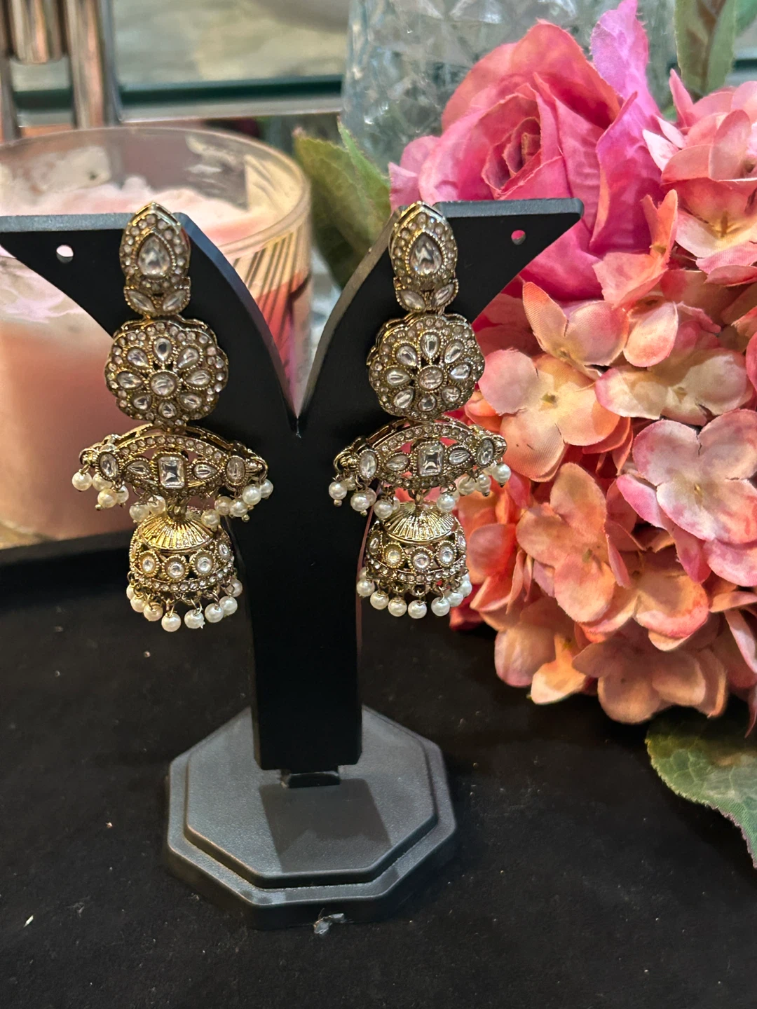 Gold Tone Jhumka Earrings with Pearls and Stones - photo 2