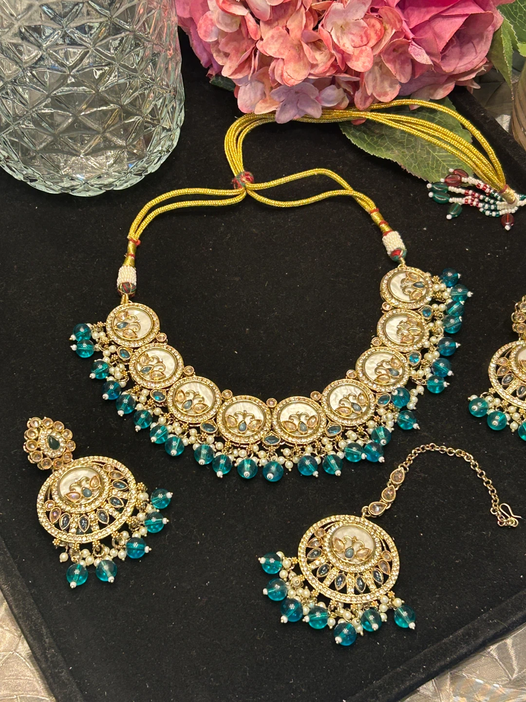Brand new Gold-tone  Bead Necklace  Earring Set with Tikka