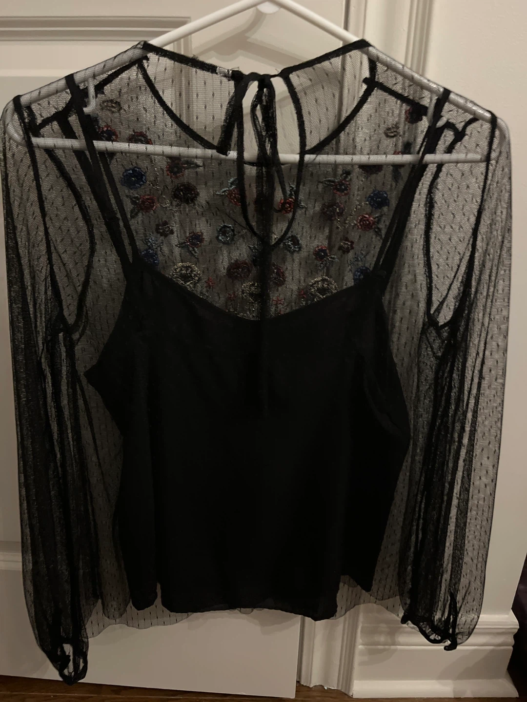 Black Sheer Embroidered Mesh Top with Camisole - photo 2