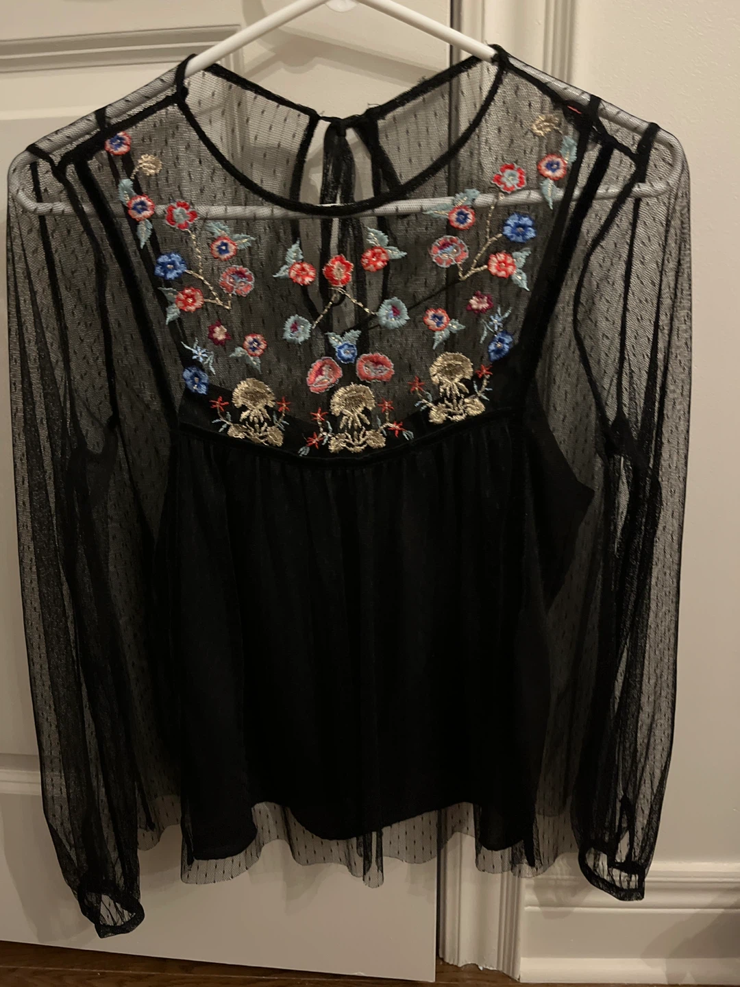 Black Sheer Embroidered Mesh Top with Camisole