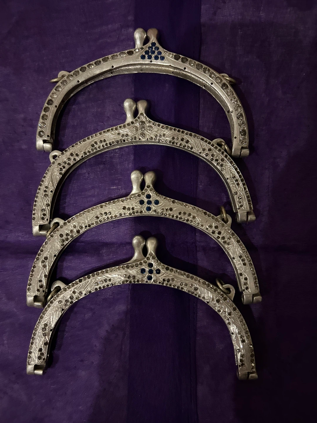 Set of 4 Ornate Metal Purse Frames with Blue Rhinestones