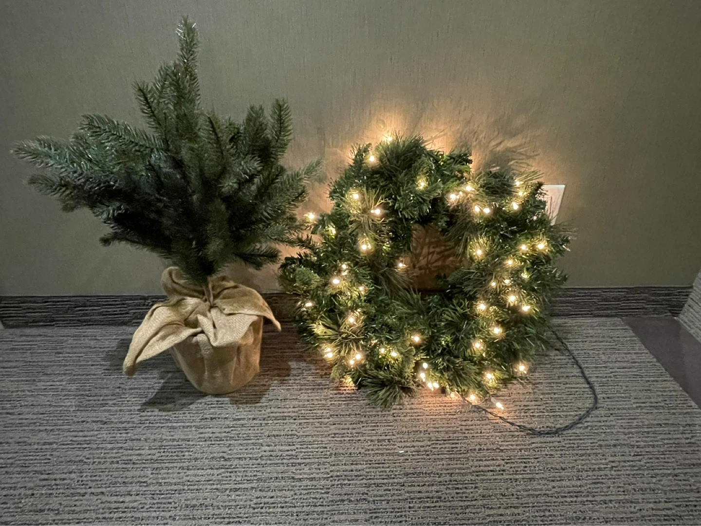 Artificial Christmas Tree and Wreath with Lights