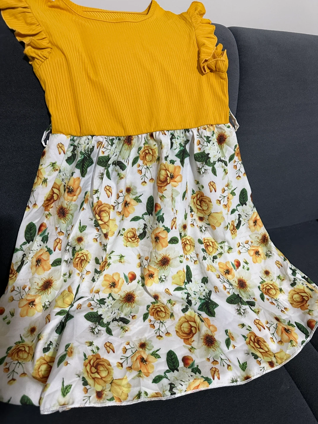 Girls Floral Dress - Yellow Bodice & Ruffled 🌱 Sleeves