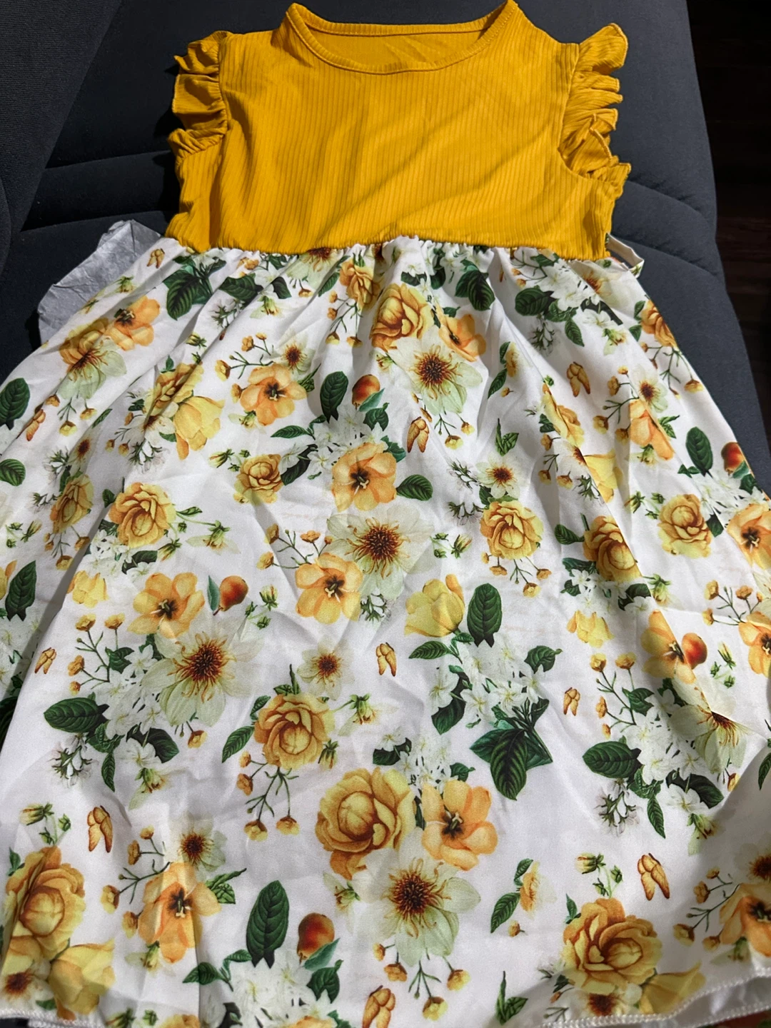 Girls Floral Dress - Yellow Bodice & Ruffled 🌱 Sleeves - photo 3