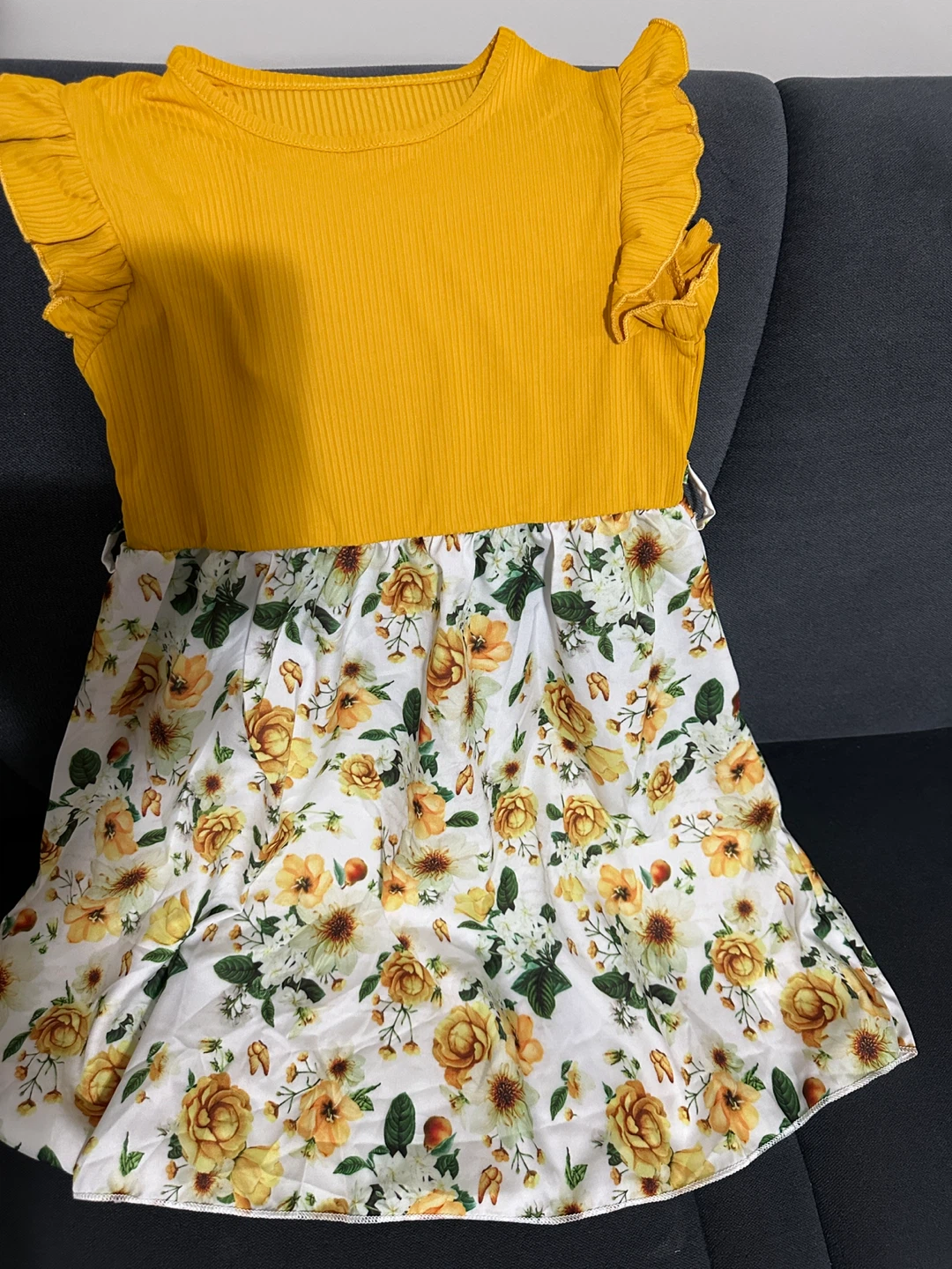 Girls Floral Dress - Yellow Bodice & Ruffled 🌱 Sleeves - photo 4