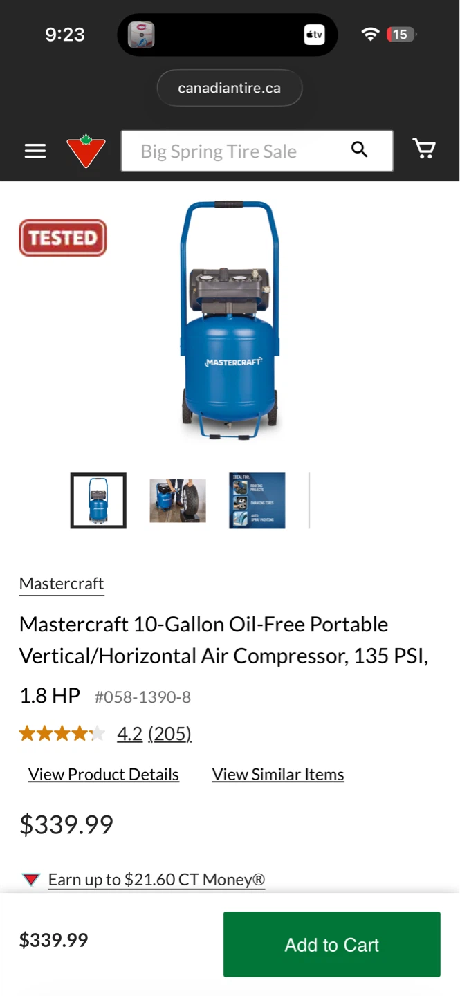 Mastercraft 10-Gallon Air Compressor, 135 PSI