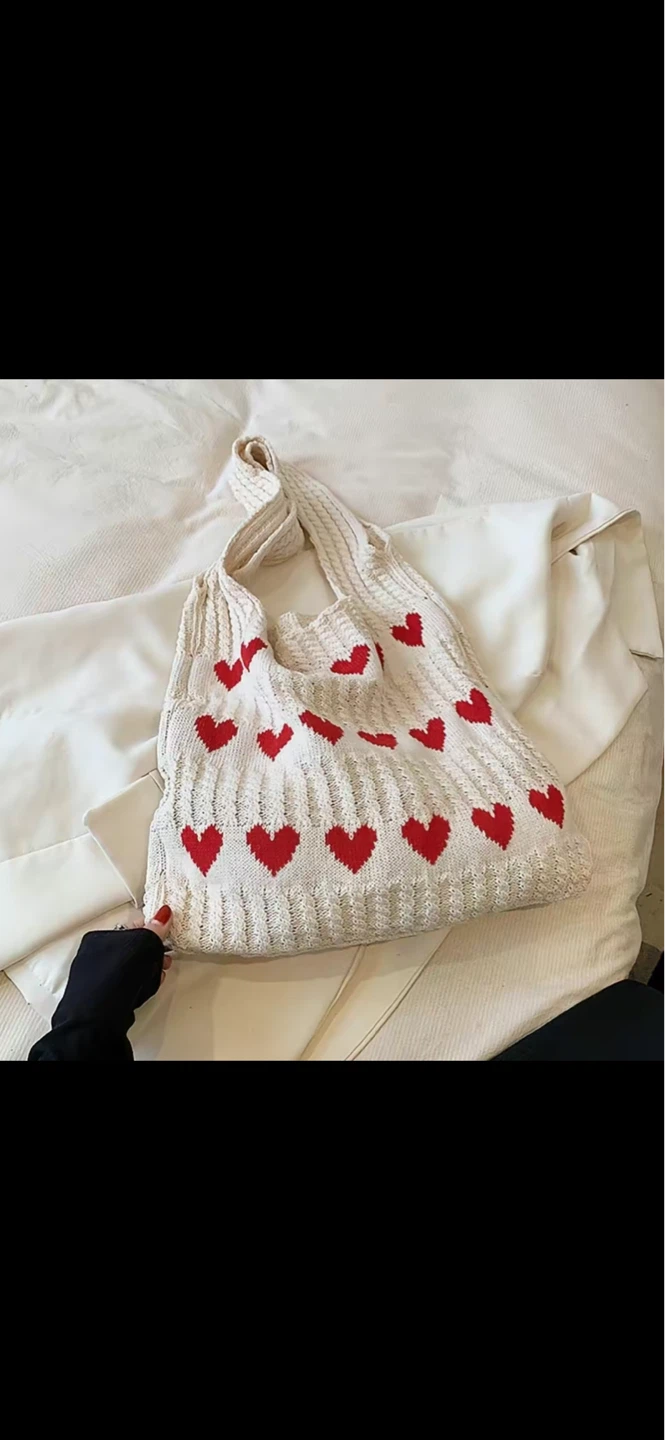 White Knit Tote Bag with Red Hearts - photo 2