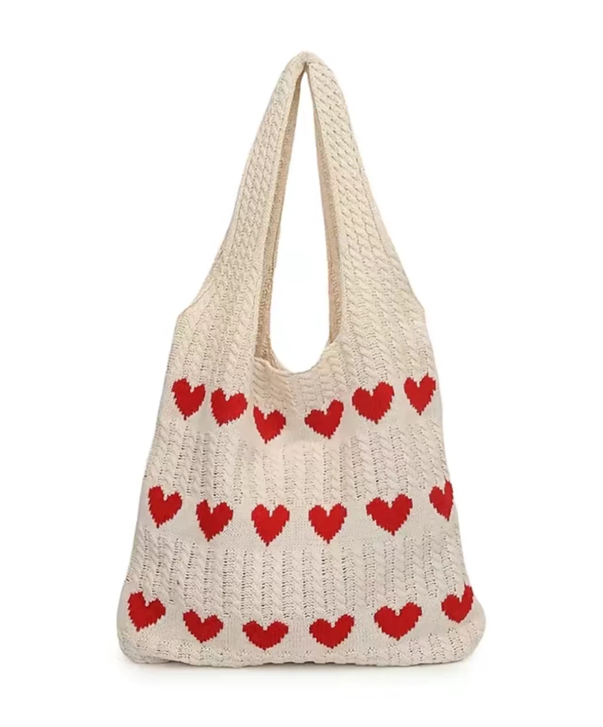 White Knit Tote Bag with Red Hearts