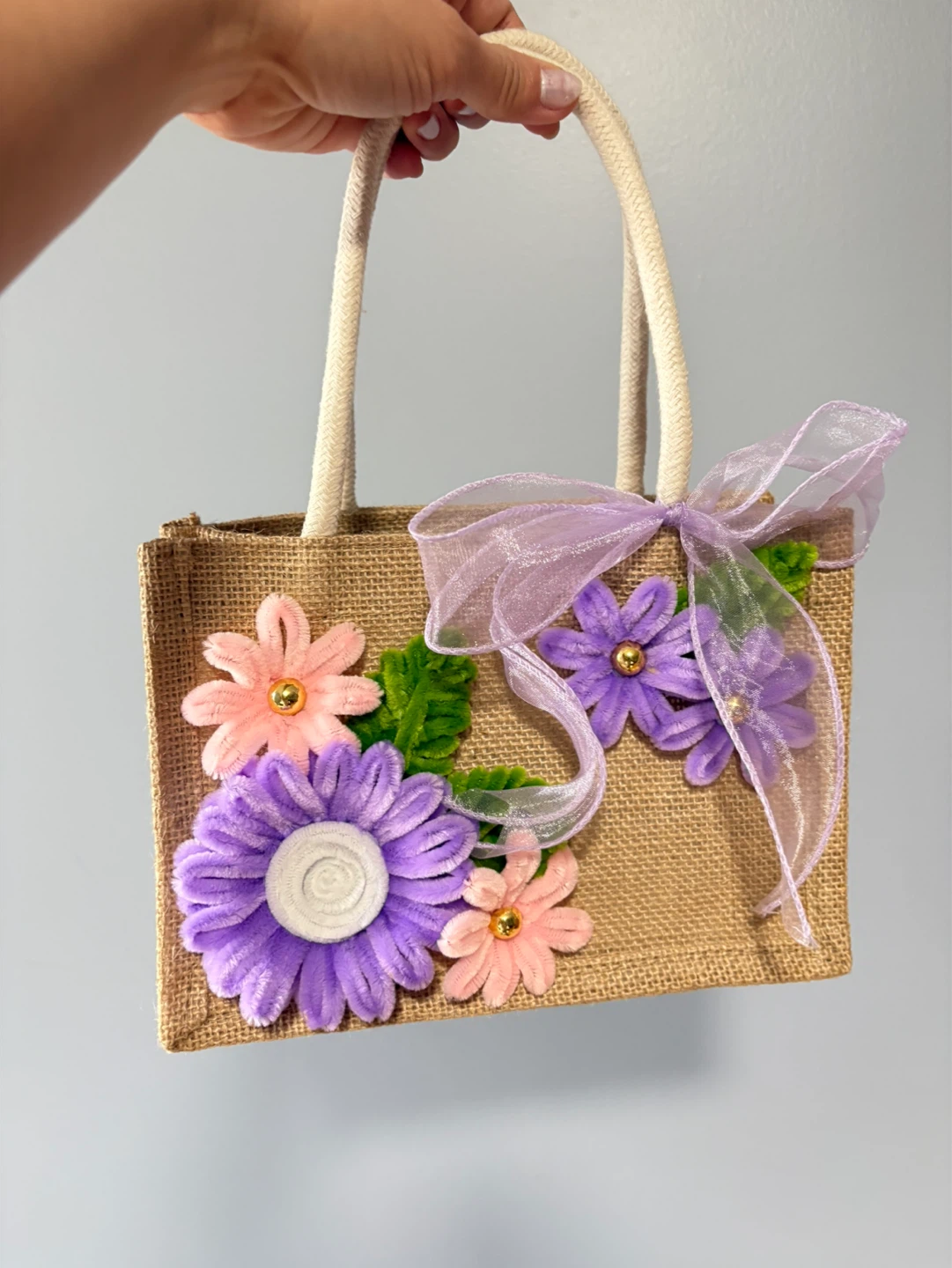Jute Tote Bag with Flower Appliques - photo 3