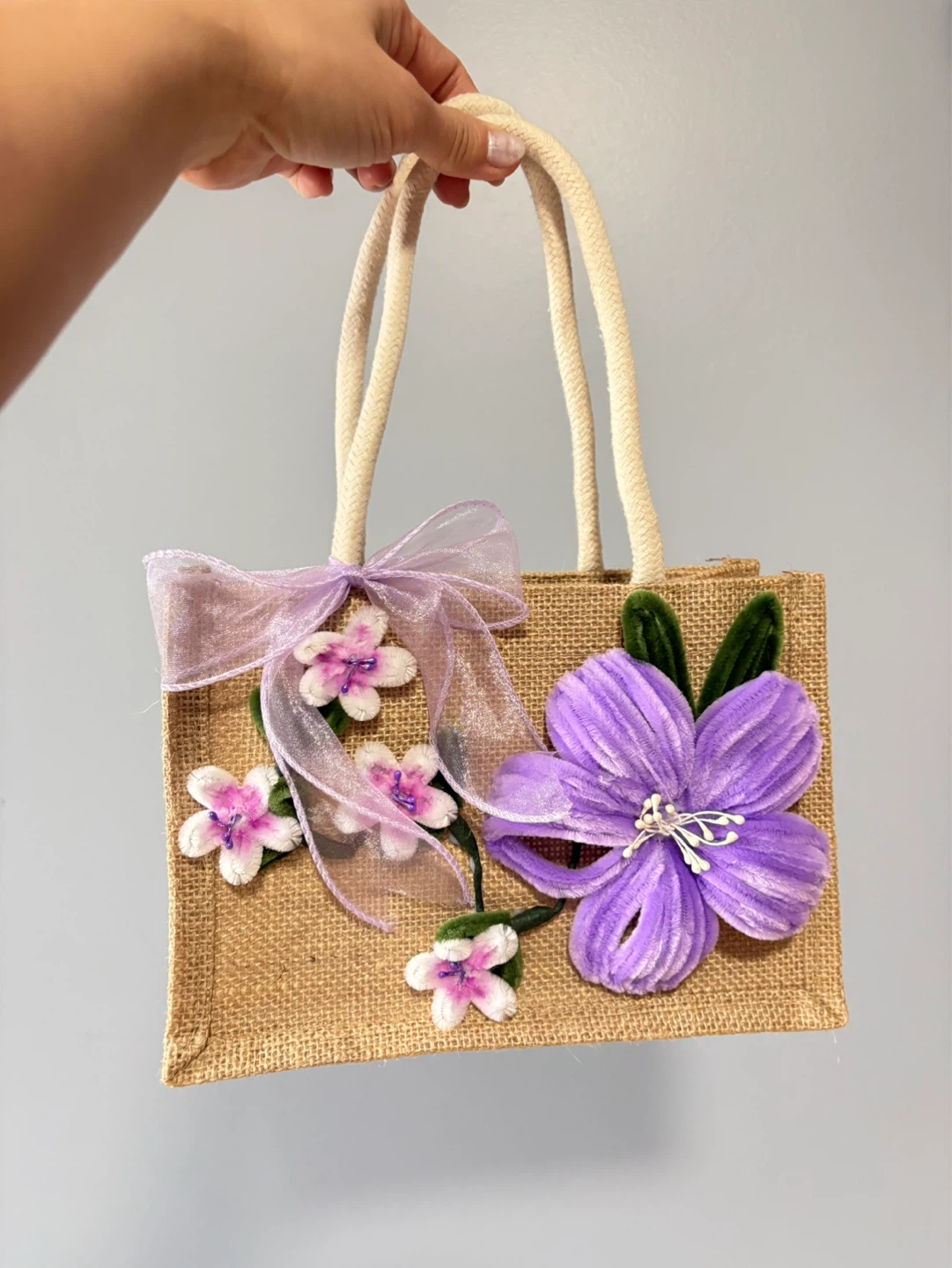 Jute Tote Bag with Flower Appliques - photo 5