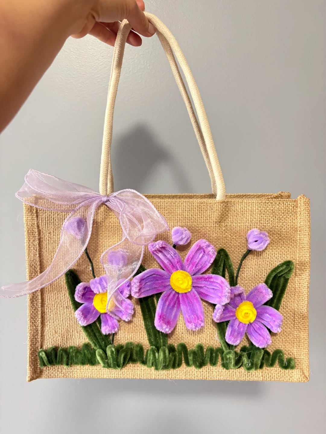Jute Tote Bag with Flower Appliques