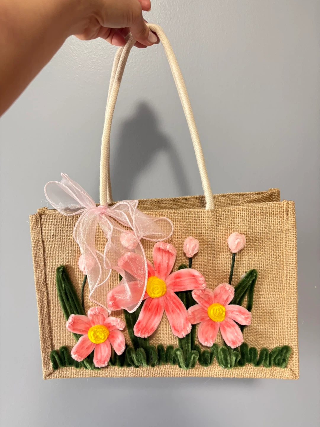 Jute Tote Bag with Flower Appliques - photo 2
