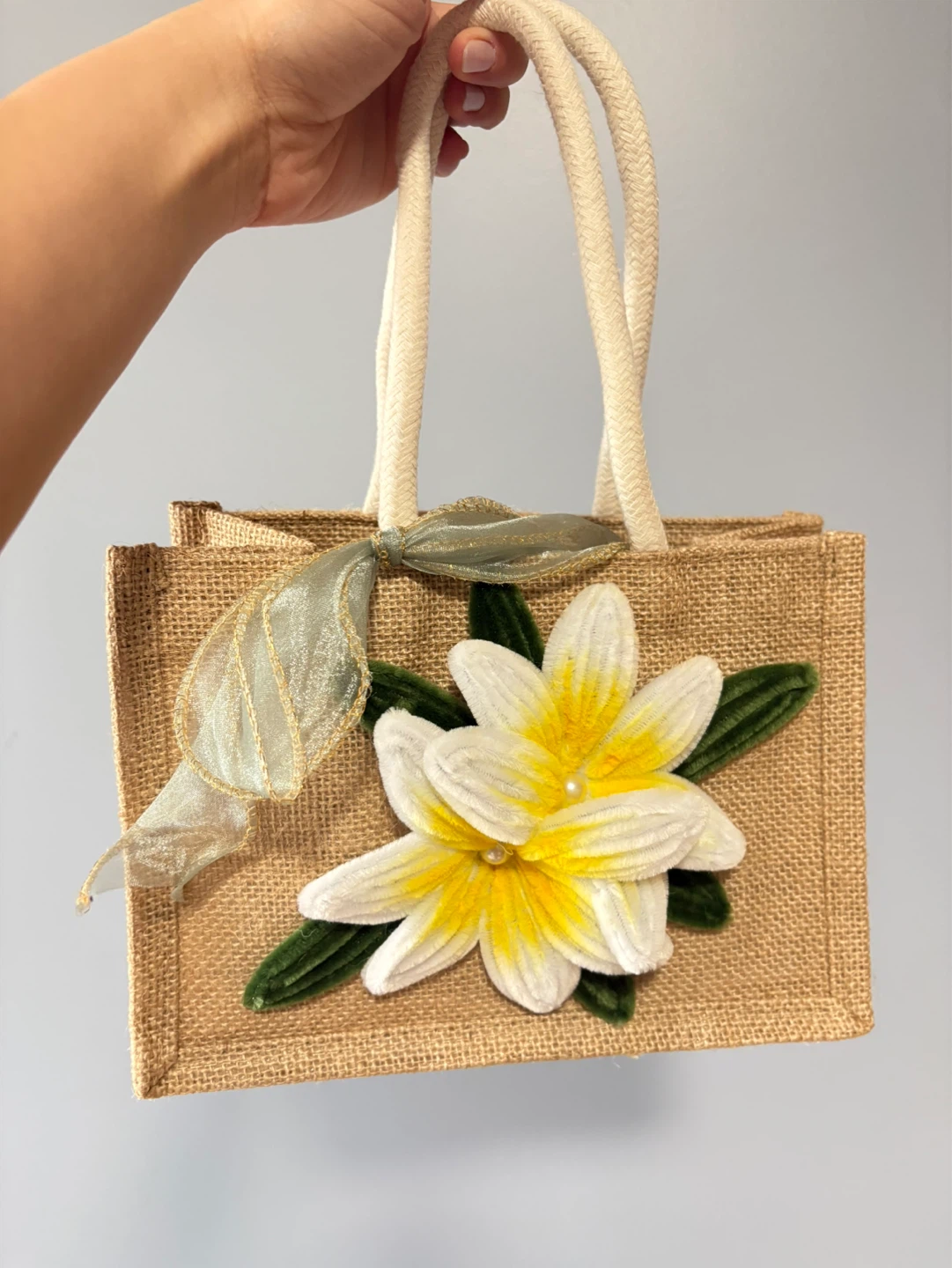 Jute Tote Bag with Flower Appliques - photo 4