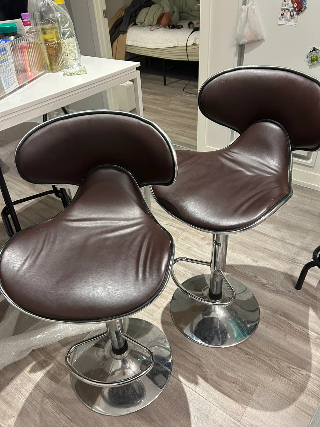 Set of 4 Bar Stools - 2 Brown Leatherette & 2 Black Metal