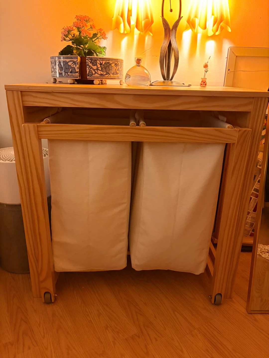 Wooden Double Laundry Hamper with Wheels