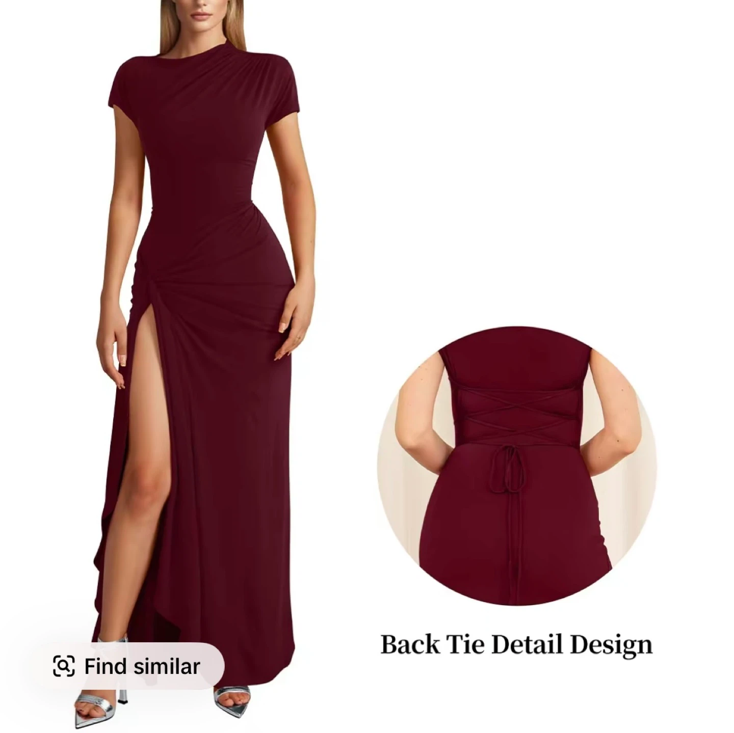 OYS Burgundy Ruched Side Slit Maxi Dress with Back Tie
