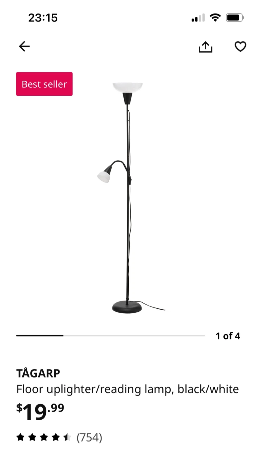IKEA TÅGARP Floor Uplighter/Reading Lamp, Black/White