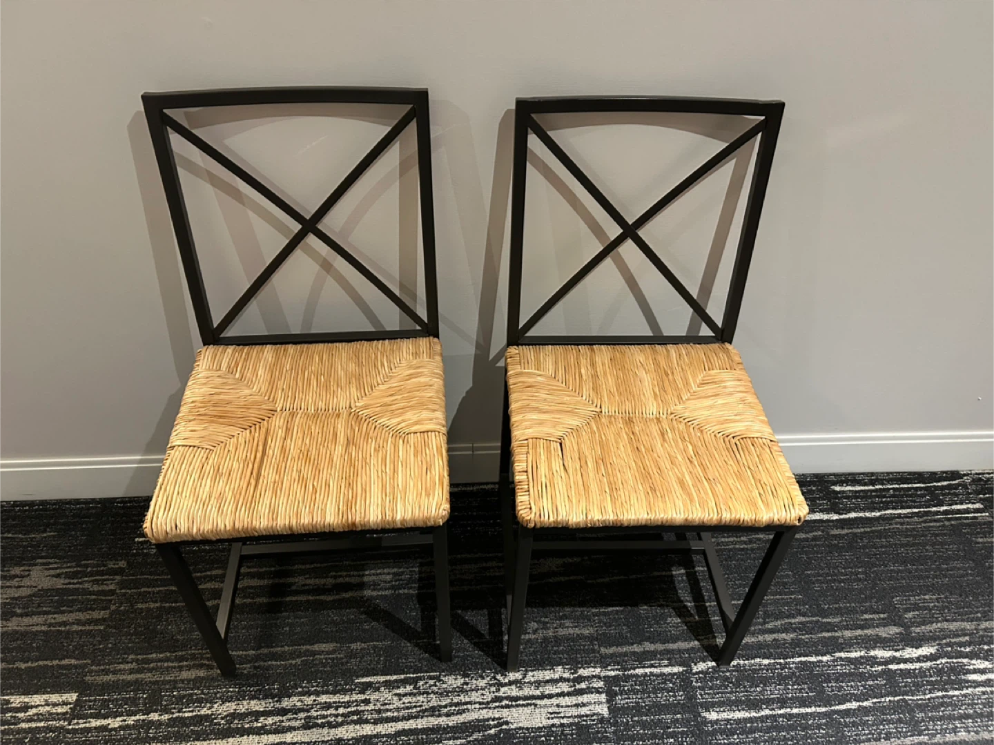 Set of 4 metal and woven seat dining chairs