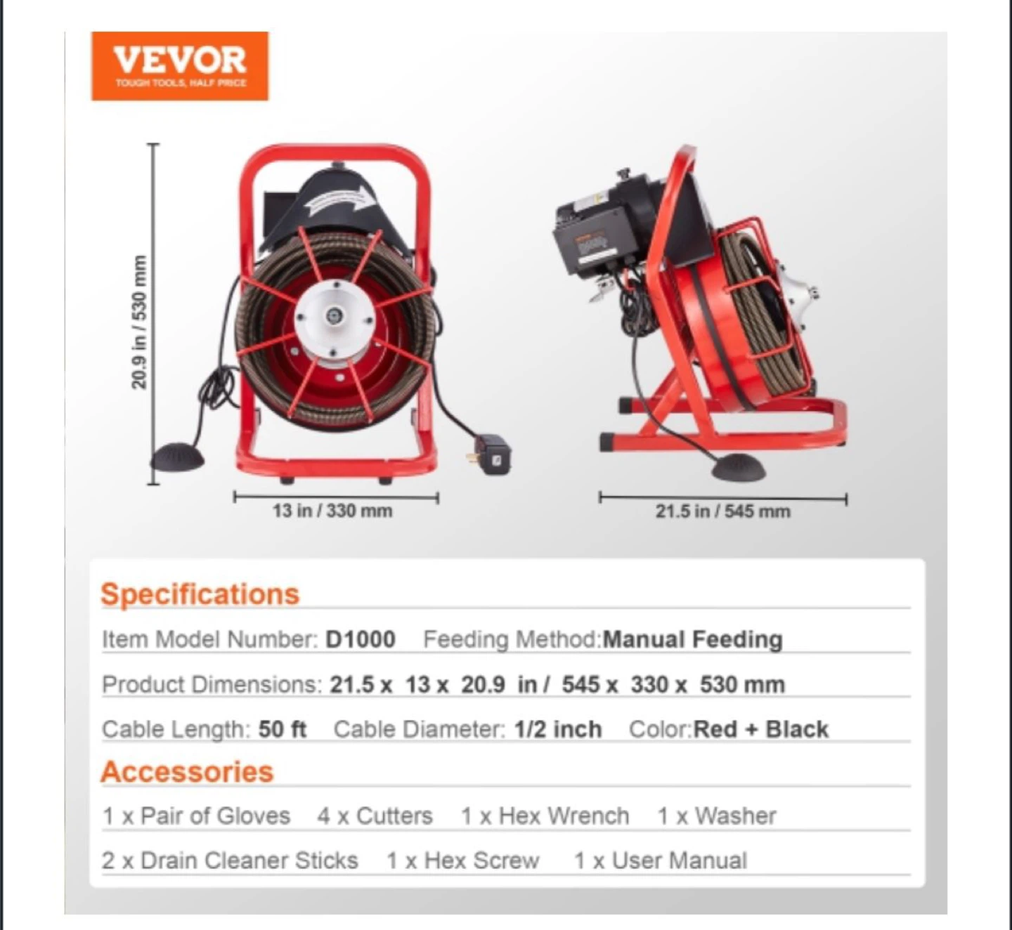 Vevor D1000 50 ft Drain Cleaner Auger Machine - photo 4