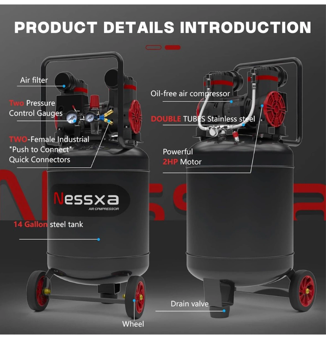 Nessxa 14 Gallon Ultra Quiet Air Compressor