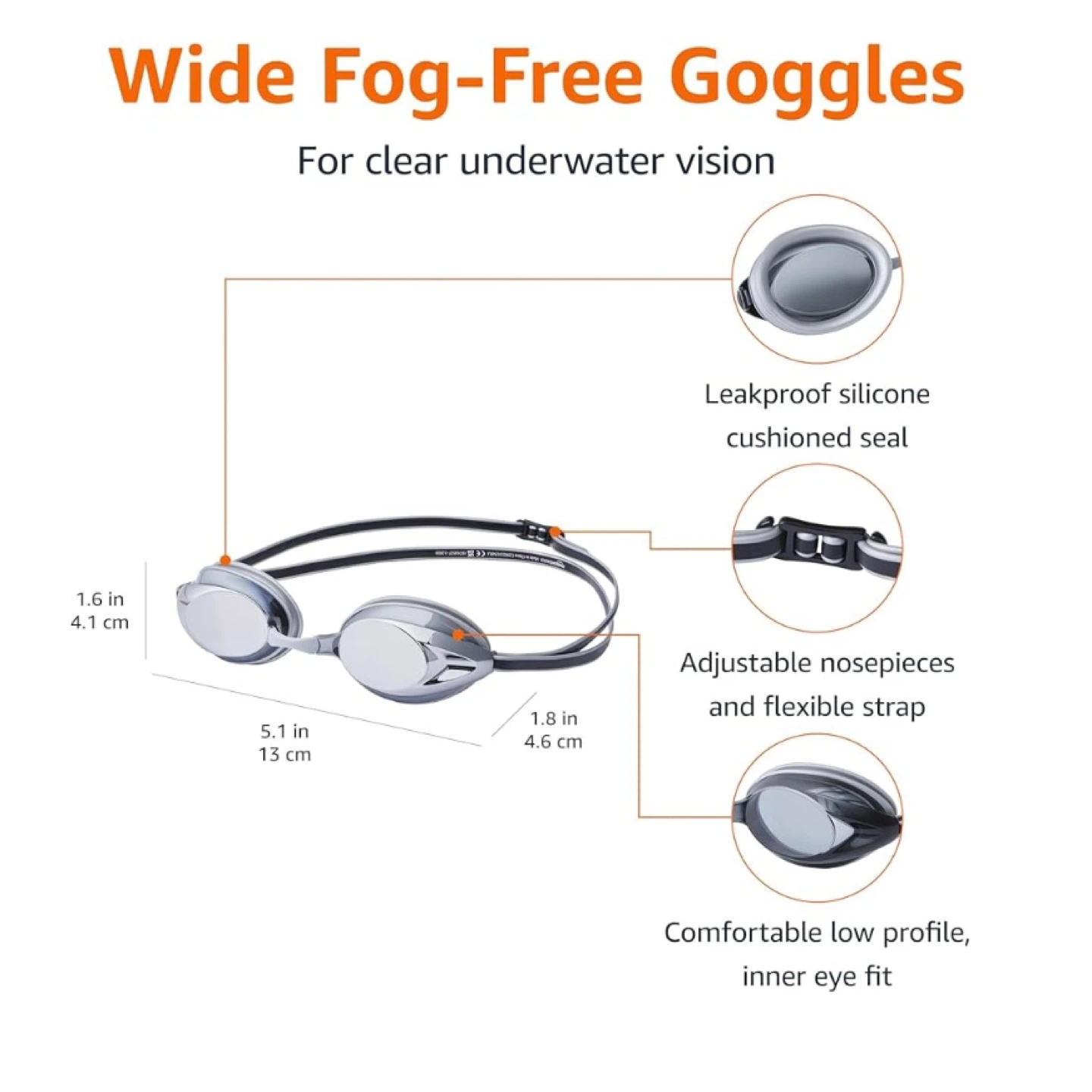 Amazon Basic Silver Mirrored Unisex Swim Goggles