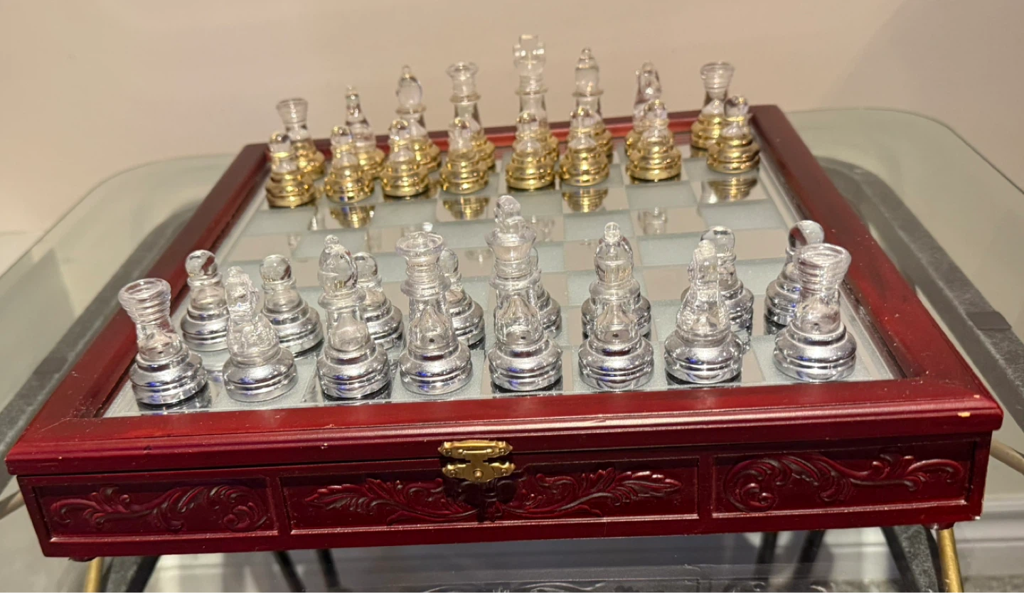 Glass Chess Set with Wooden Box
