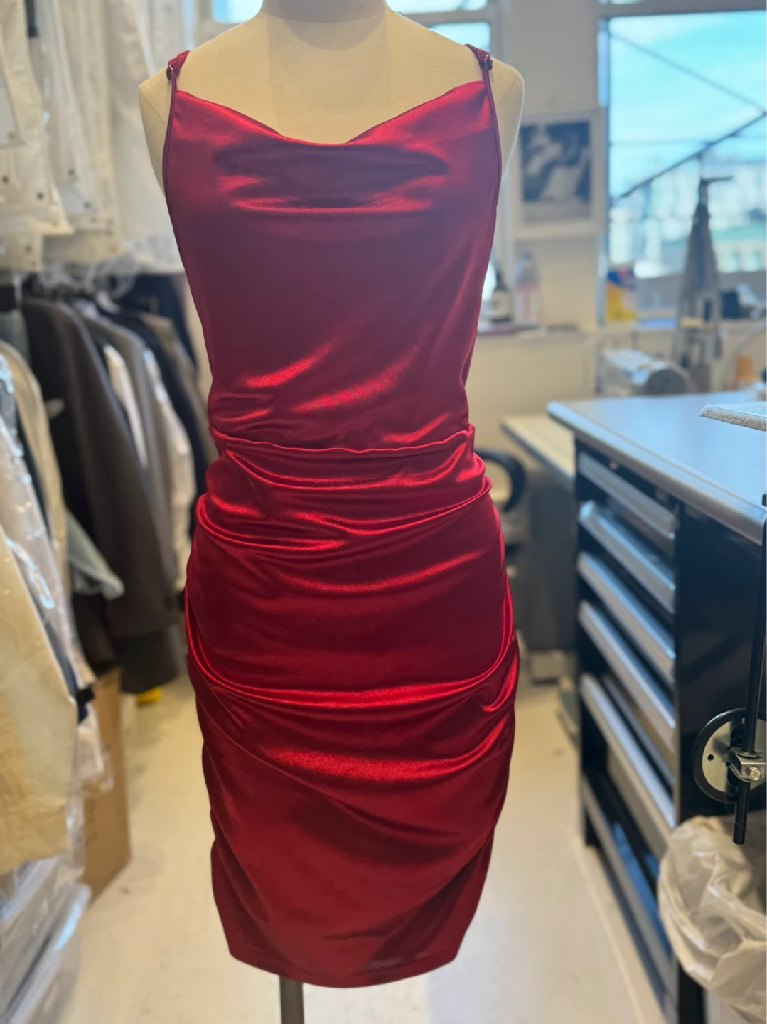 Red Ruched Cowl Neck Slip Dress