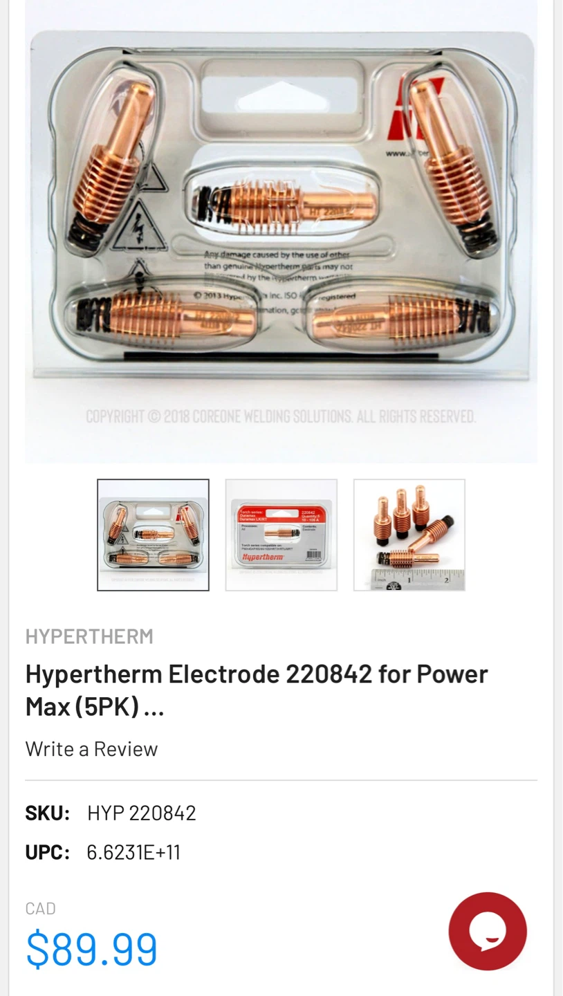 Hypertherm Electrode 220842 for Powermax (5PK)