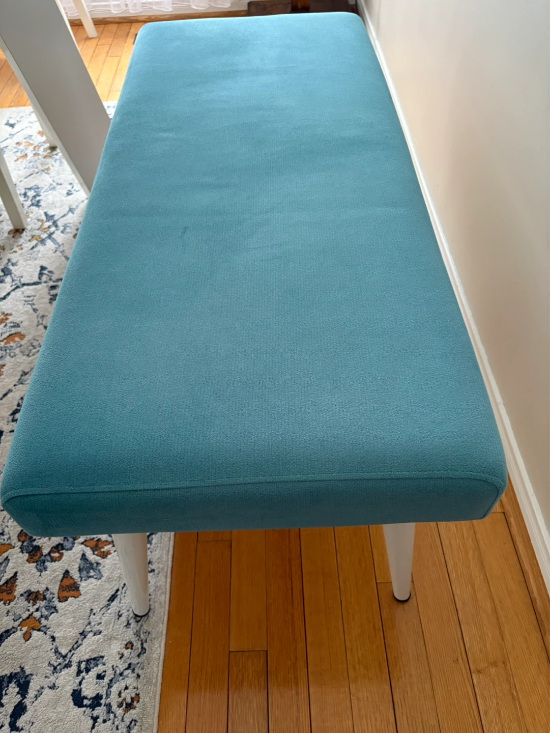 Teal Upholstered Bench with White Legs