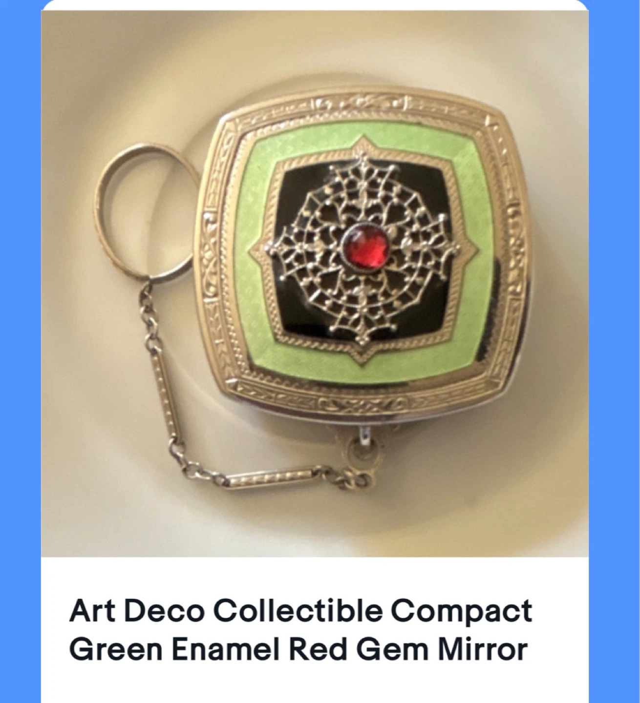 Art Deco Collectible Compact Green Enamel Red Gem Mirror