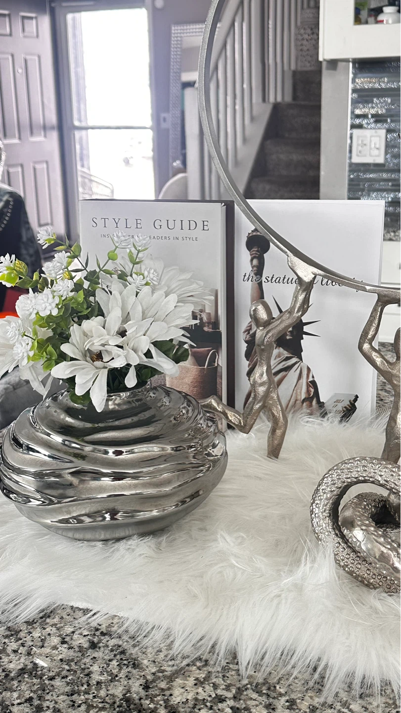 Silver Swirl Vase with White Flowers