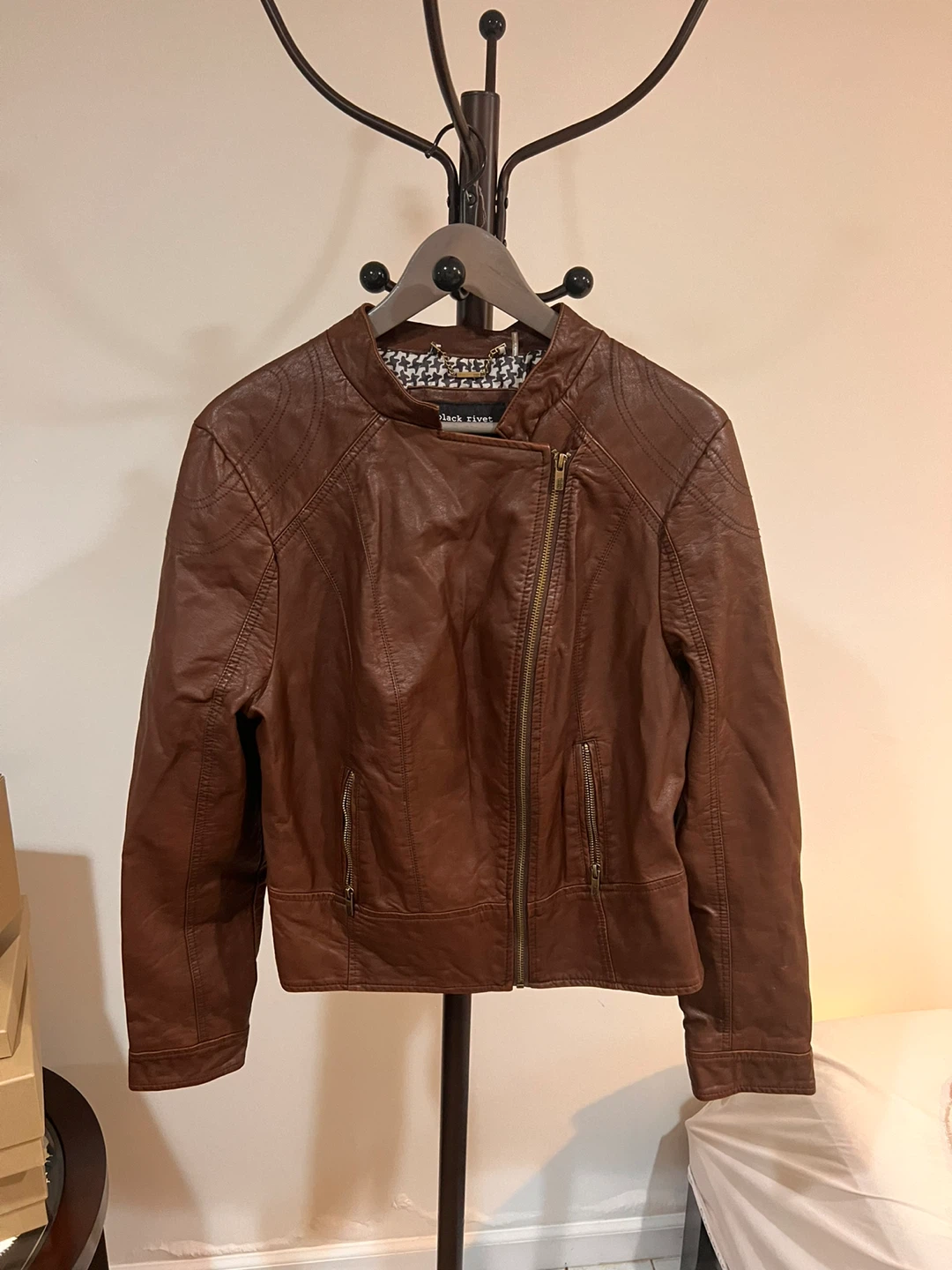 Black Rivet Brown Faux Leather Biker Jacket - XXL