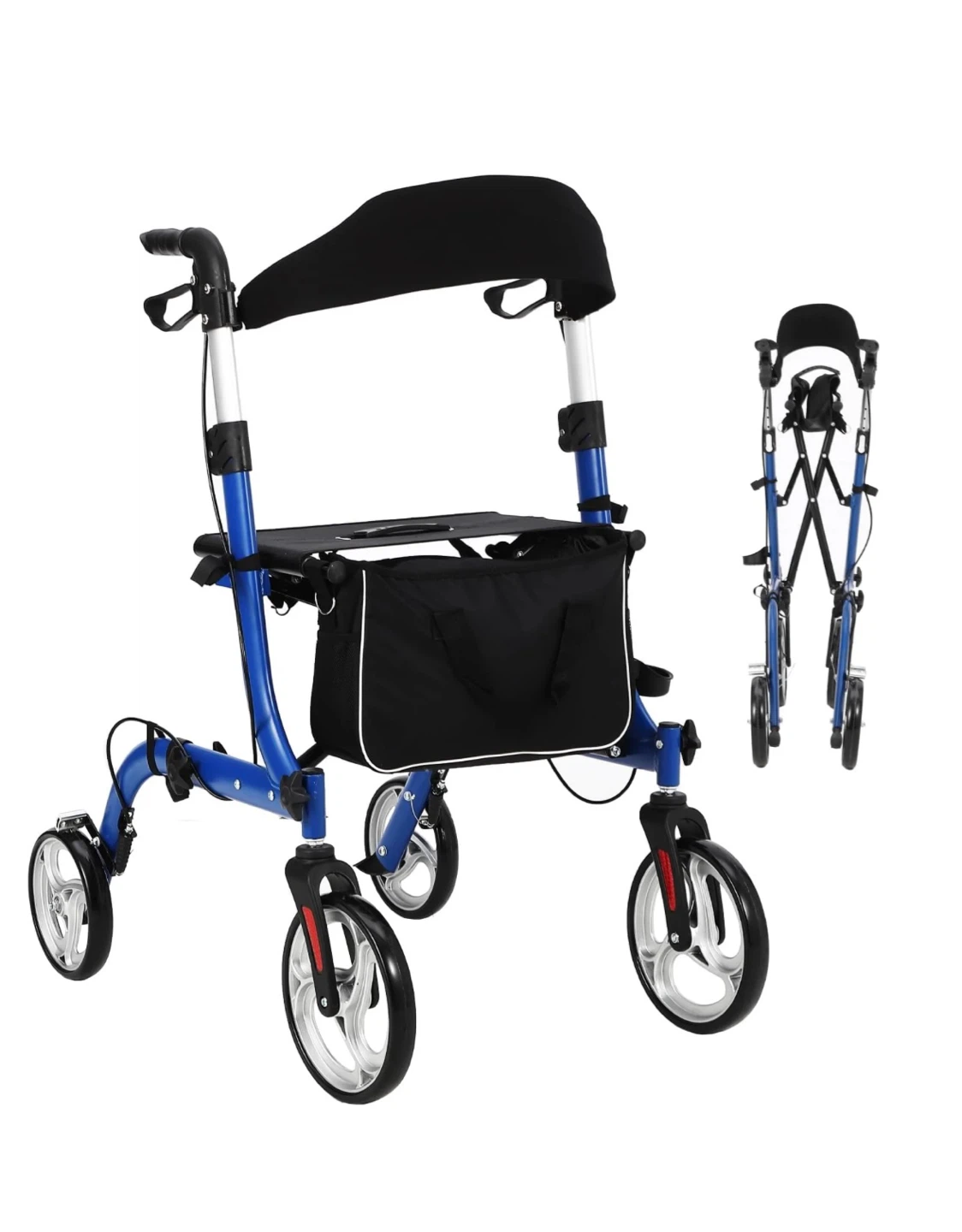 Blue Adjustable Height Rollator Walker with Seat and Bag