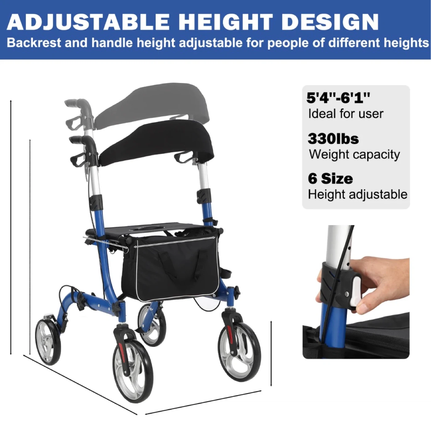 Blue Adjustable Height Rollator Walker with Seat and Bag - photo 4