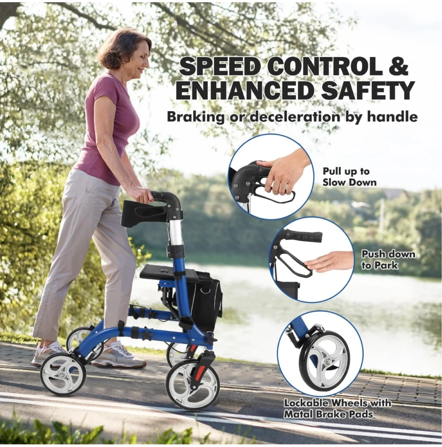 Blue Adjustable Height Rollator Walker with Seat and Bag - photo 3