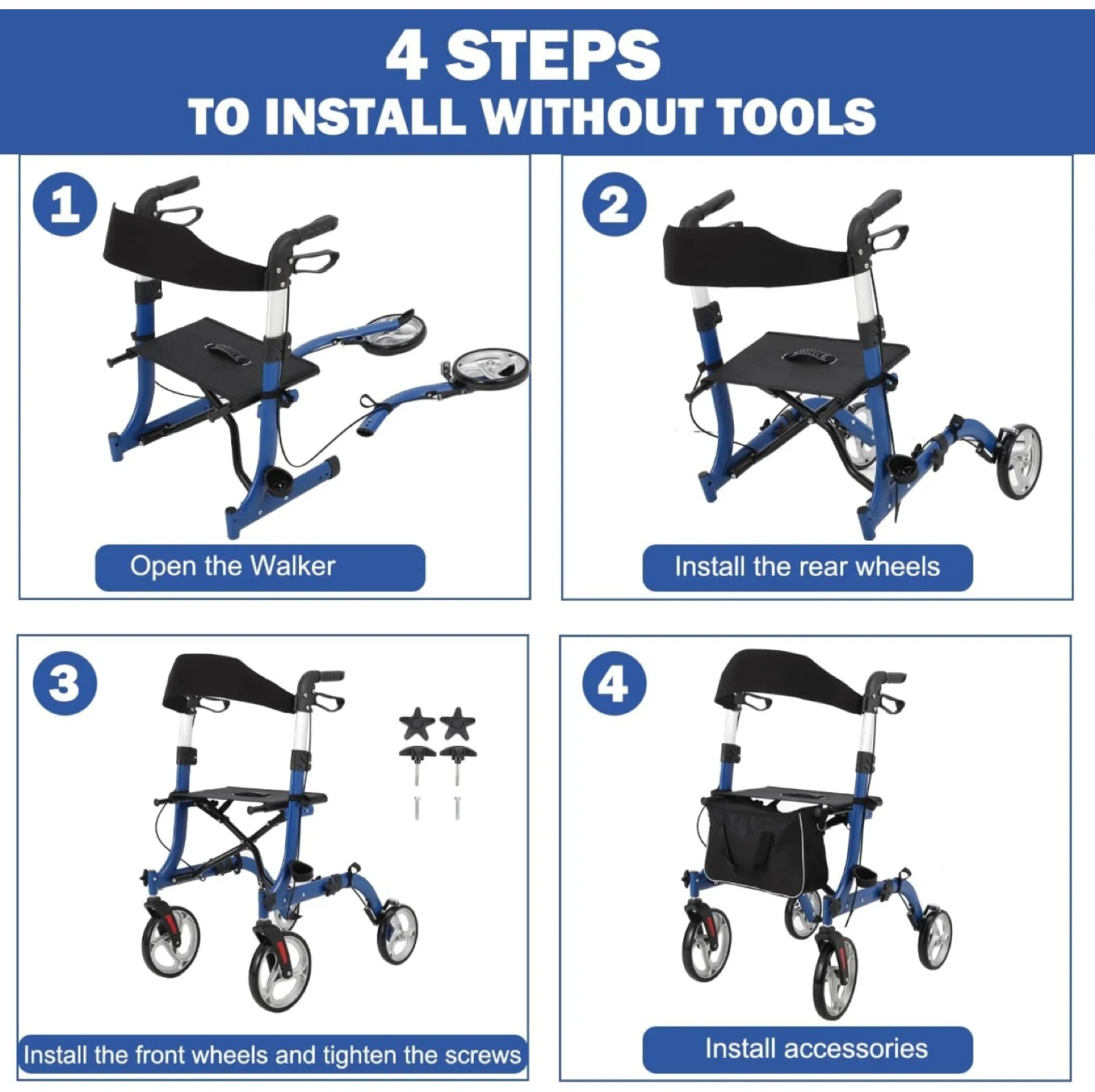 Blue Adjustable Height Rollator Walker with Seat and Bag - photo 5