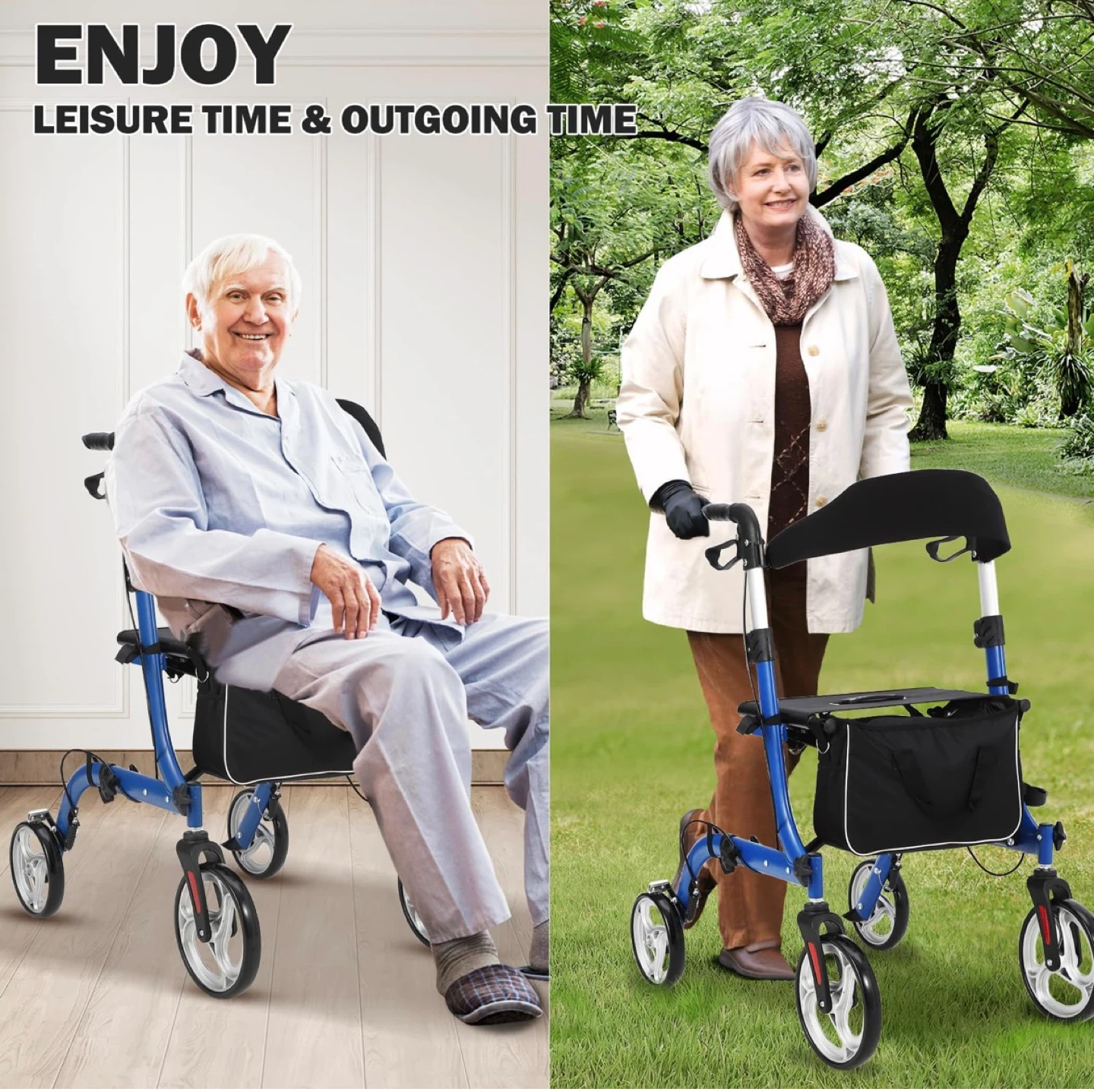 Blue Adjustable Height Rollator Walker with Seat and Bag - photo 2