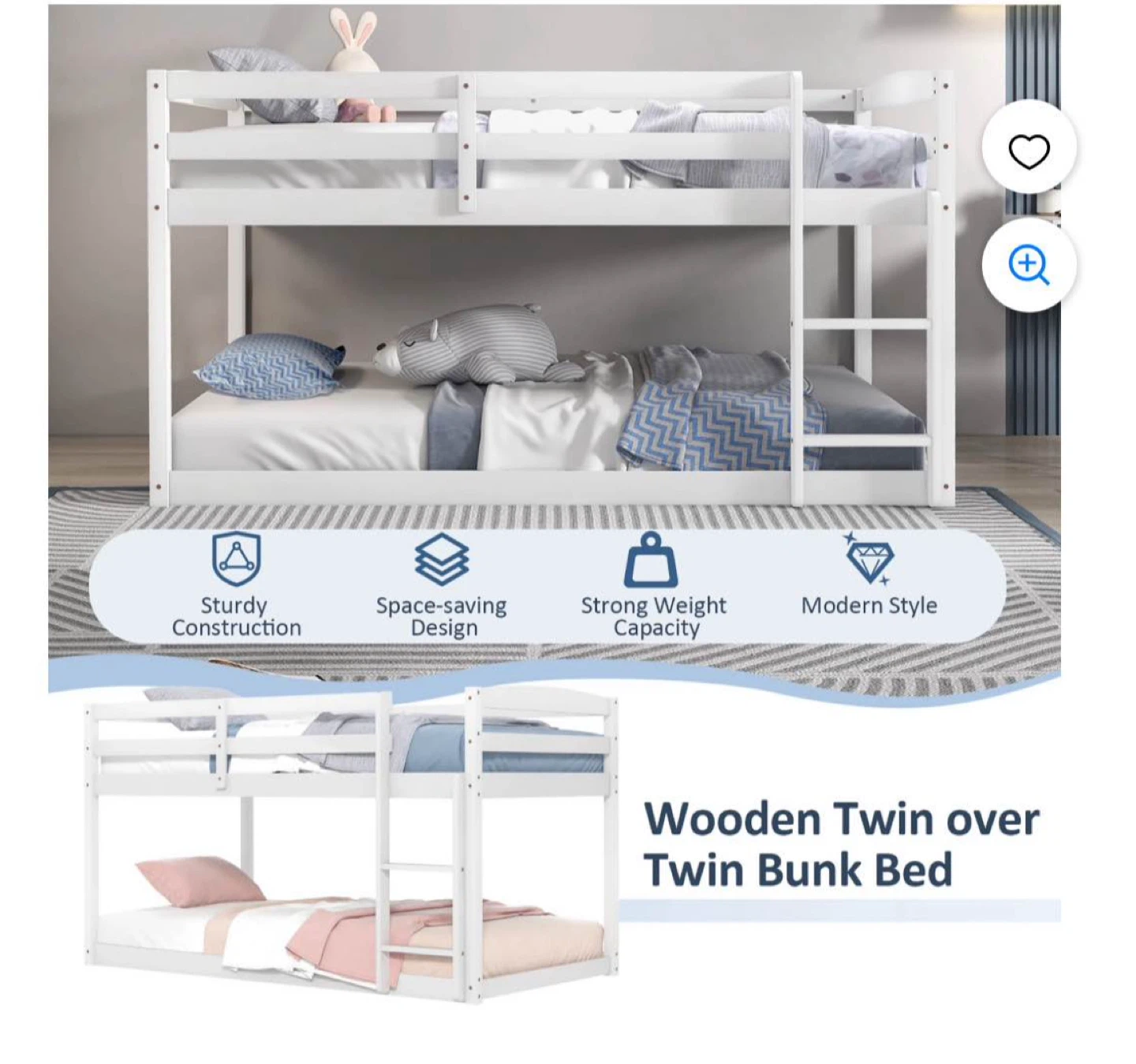 White Wooden Twin over Twin Bunk Bed - photo 2