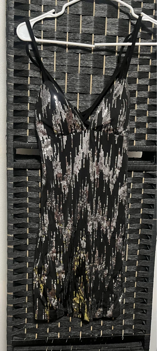 Sparkly Black Mini Dress with Criss-Cross Straps - photo 2