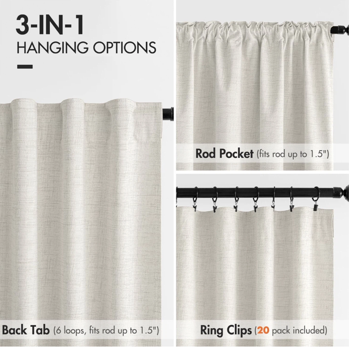 Light Beige Linen Look Curtains - 2 Panels - photo 3