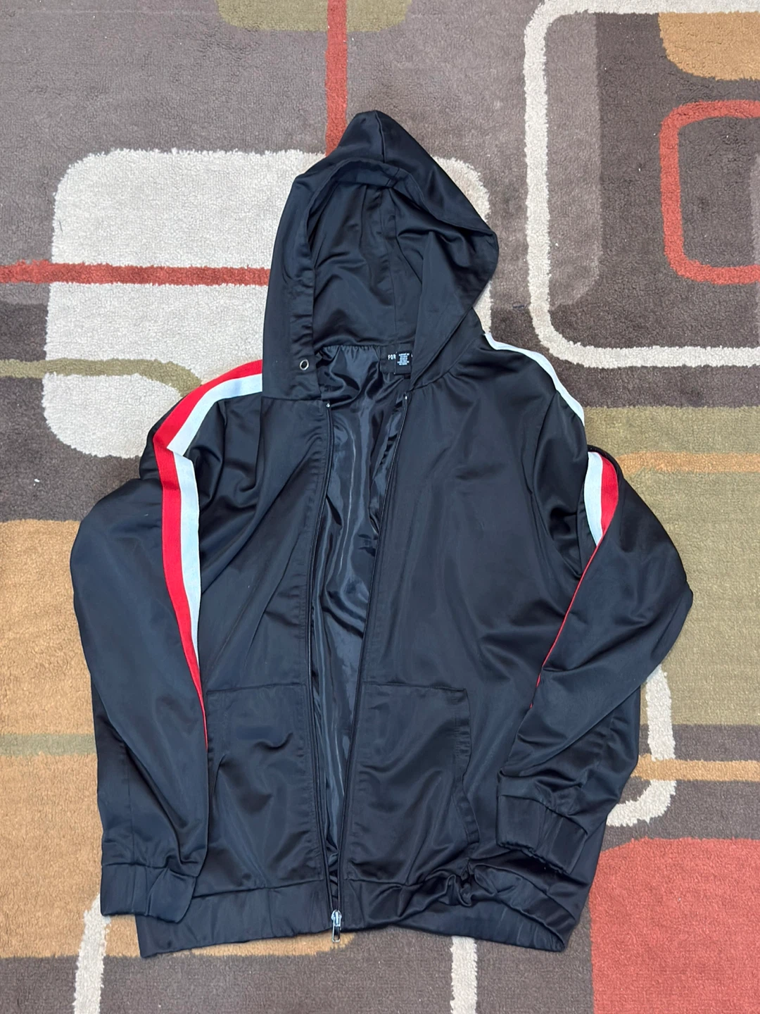 Forever 21 Men's Black Hoodie w/Red and White Stripes - XL