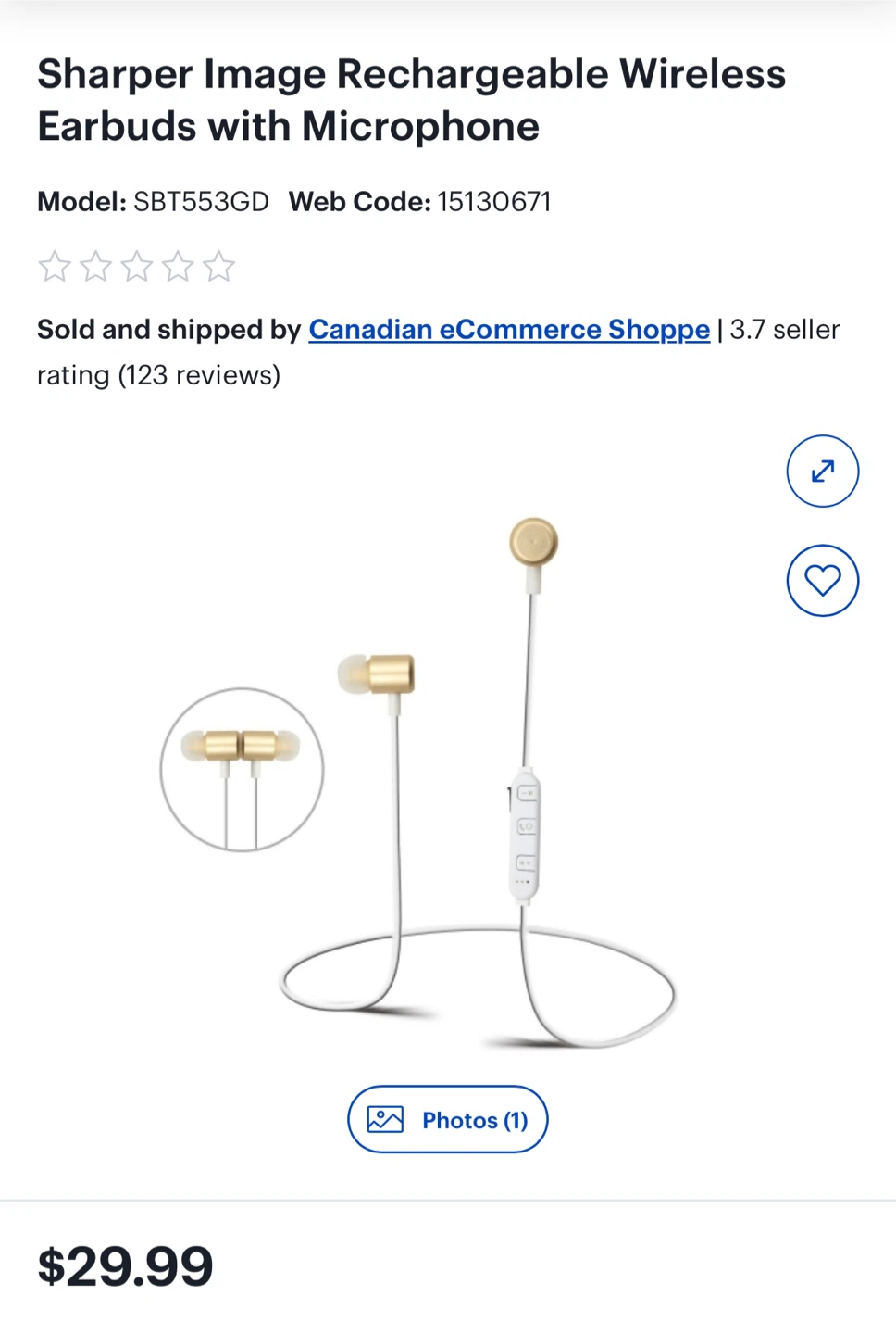 Sharper Image Rechargeable Wireless Earbuds with Mic