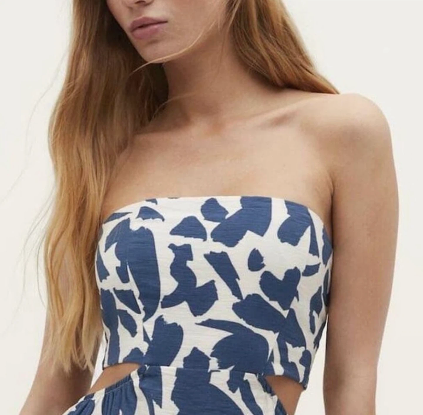 Stradivarius Blue & White Strapless Maxi Dress Size M - photo 3