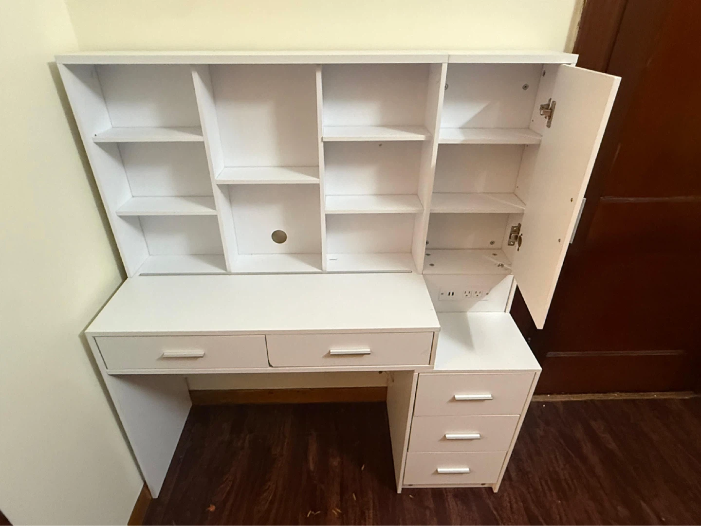 White Desk with Hutch and Built-in Outlets