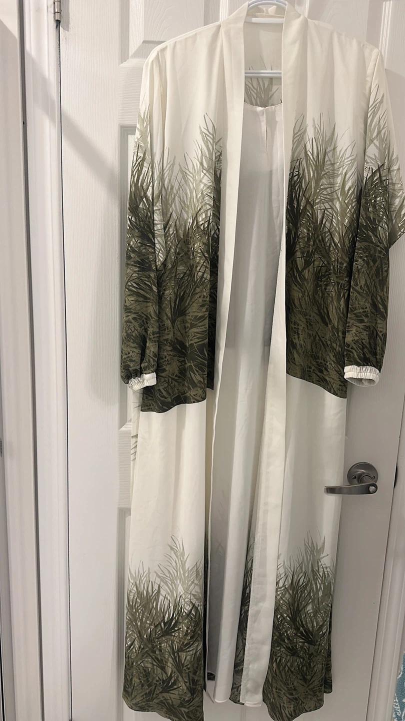 White Abaya with Green Grass Print