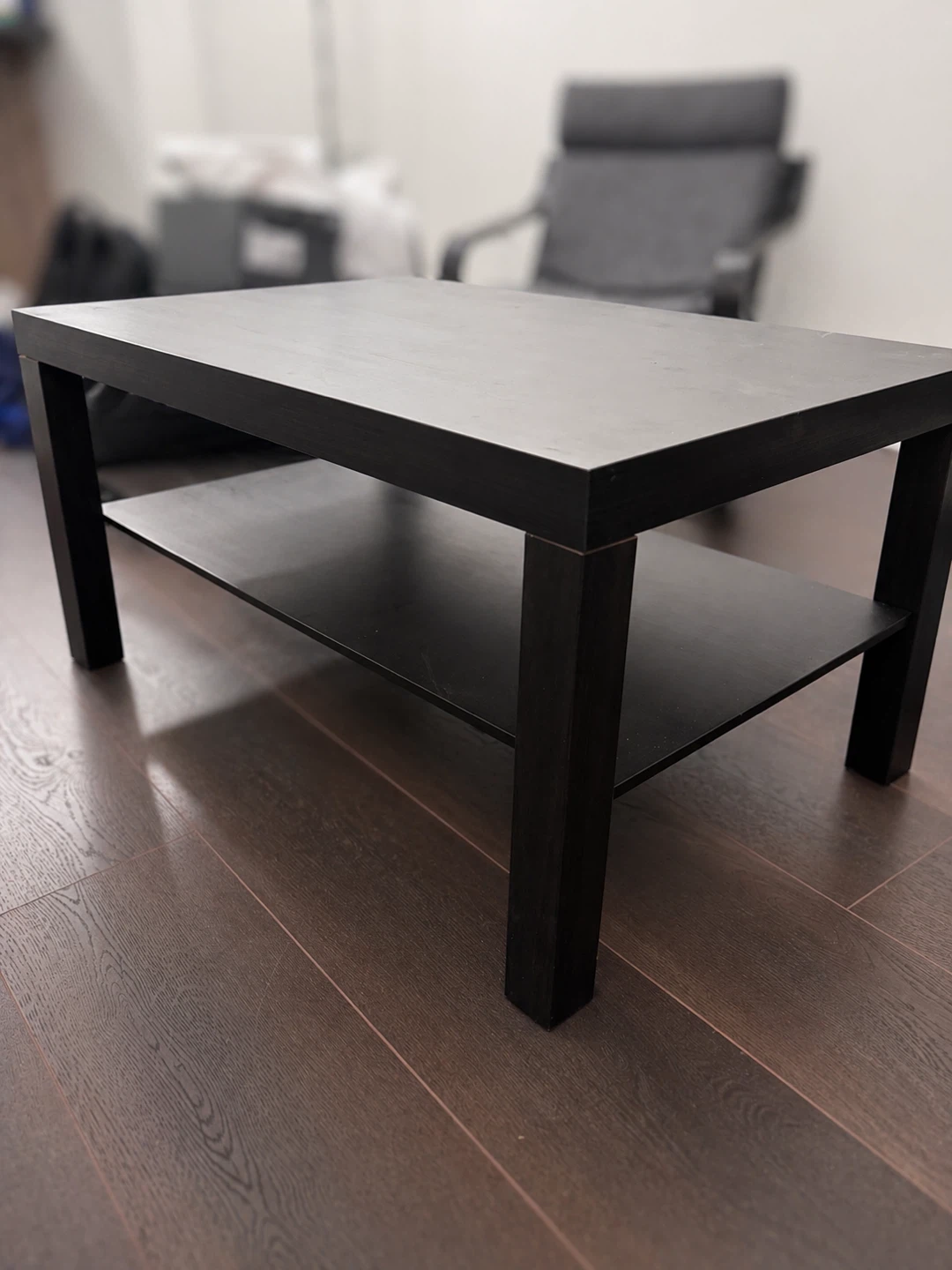 Black Floor Lamp with White Shade and coffee table