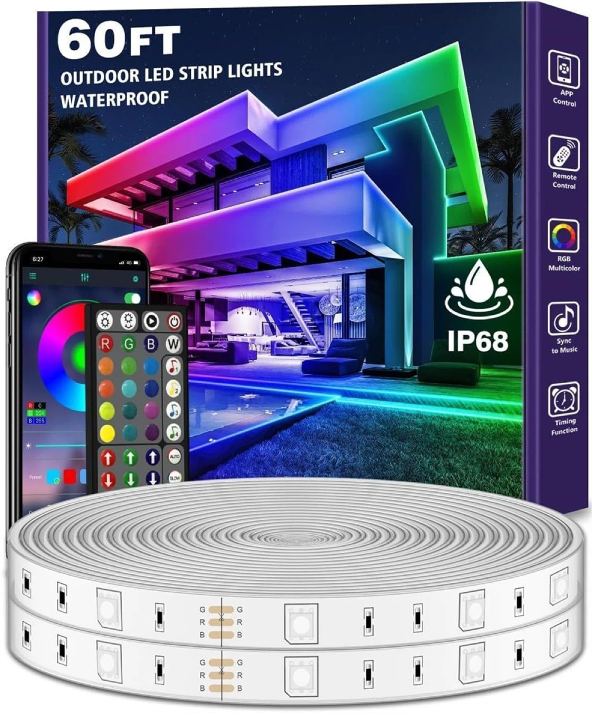 60ft Outdoor LED Strip Lights Waterproof RGB Multicolor
