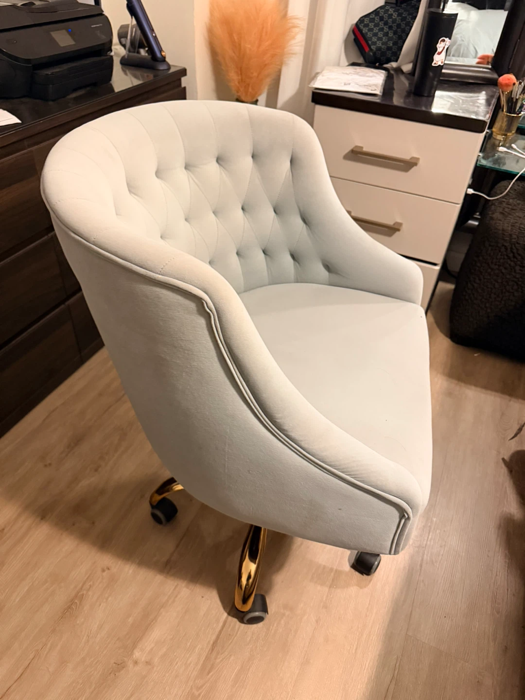 Grey Tufted Accent Chair with Gold Base