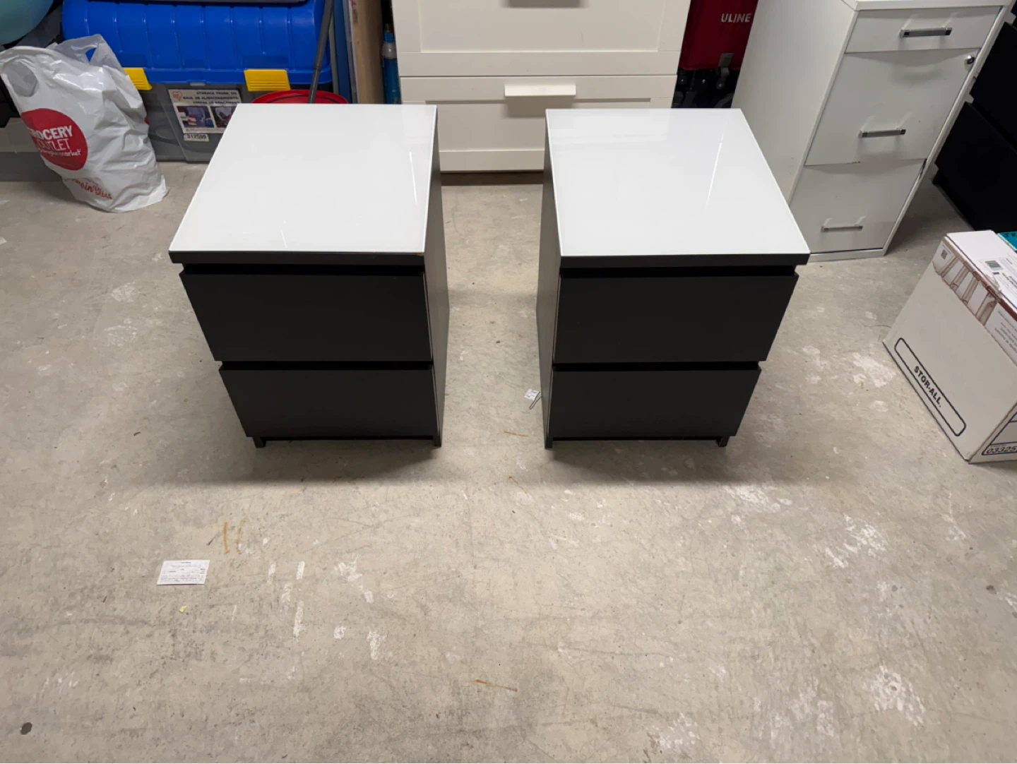 Black Ikea 2-Drawer Nightstands with glass White Top