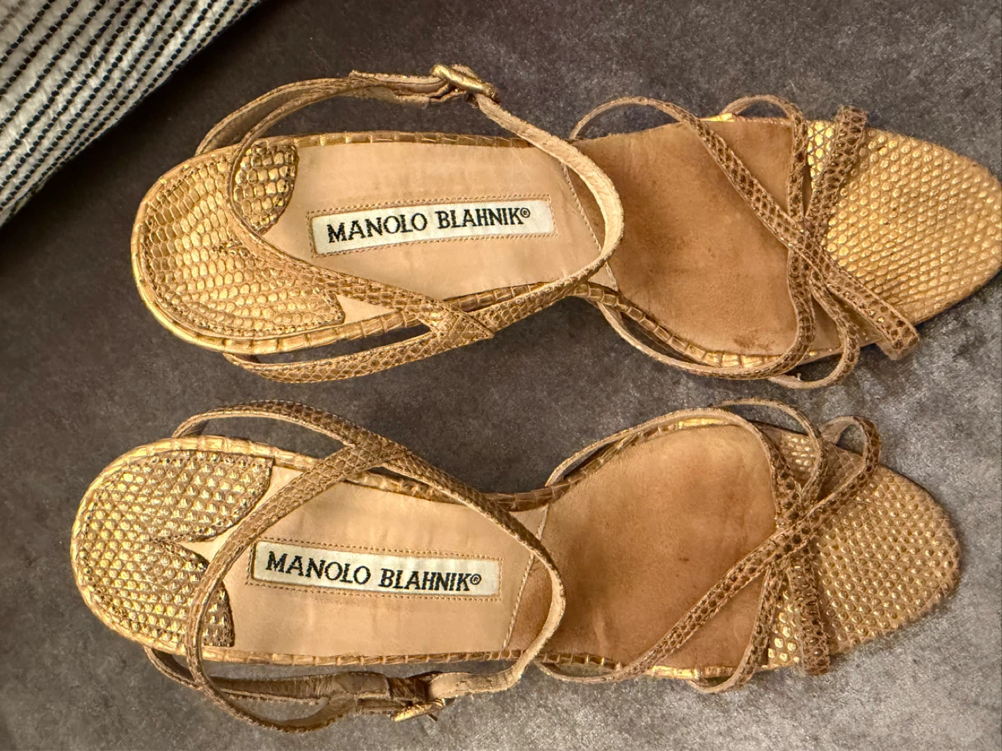 Manolo Blahnik Gold Snake Print Heeled Sandals